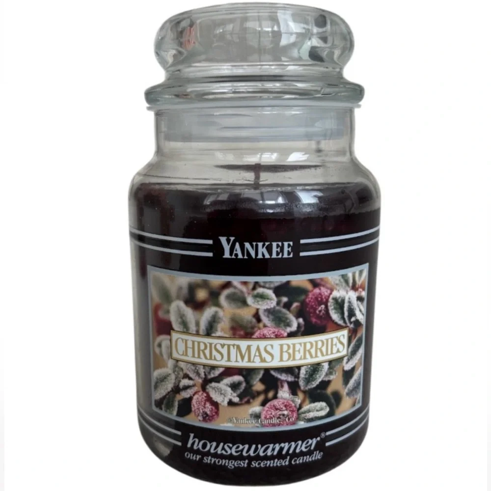 Yankee Candle Jar Christmas Berries Vintage Black Band Burgundy Deep Red 22 Oz